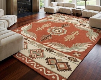 Hand Tufted Wool Rug Kilim Area Rug Handmade Rust Boho Carpet for Living Room