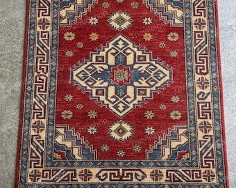 Red Geometric Rug Hand Knotted Wool Rug Handmade Kazak Design Living Room Bedroom Decor
