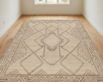 Moroccan Hand Tufted Wool Rug Beige Brown Handmade Area Rug Living Room Custom Size