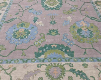 Oushak Hand Knotted Wool Rug Pink Floral Turkish Carpet for Living Room Decor
