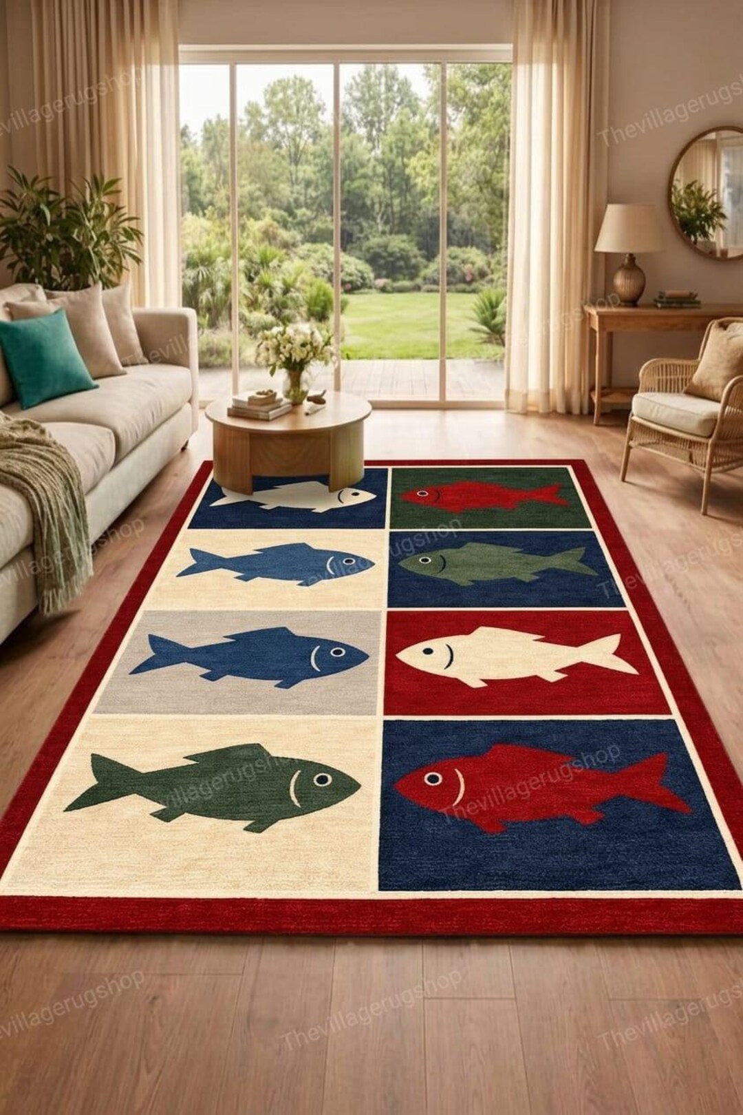 Fish Tuft Rug Hand Tufted Wool Rug Fish Design Colorful Modern Coastal Carpet Living ...