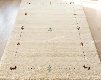 Gabbeh Hand-Tufted Area Rug Handmade Cream Wool Rug for Living Room Bedroom Decor