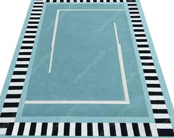 Alfombra de lana tejida a mano: moderna alfombra azul, tamaño personalizado 9x12