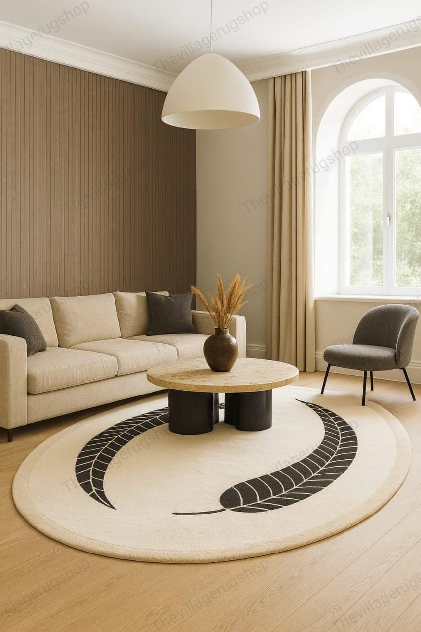 Ovoid Shape Rug Oval Shape Rug Beige Black Wool Rug - Modern Botanical Carpet - Etsy