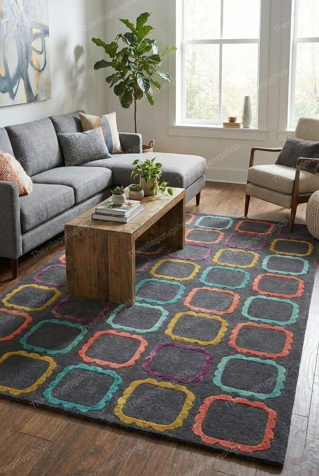 Hand Tufted Wool Rug Modern Geometric Area Rug for Living Room Bedroom ...