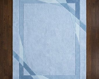 Modern Abstract Geometric Wool Rug, Ice Blue Hand Tufted Carpet, Minimalist Border Rug, Custom Sized Home Decor