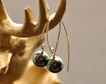 Inverted Gold Hoop Earrings, Purple Pearl Dangle Earrings, Gold Upside Down Hoops