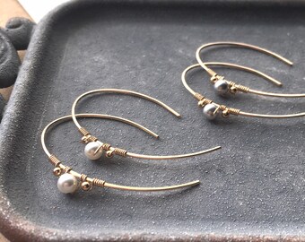 Modern Pearl Earrings, Inverted Gold Hoops, Minimal Gold Wire Earrings