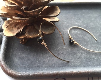 Black Crystal Earrings, Edgy Futuristic Earrings, Modern Gold Wire Earrings