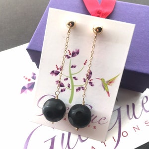 Black Onyx Earrings, Black Gemstone Earrings, Gold Chain Dangle Earrings