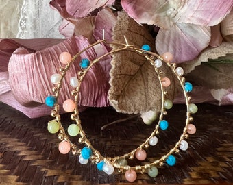 Colorful Gemstone Hoop Earrings, Gold Pearl Turquoise Hoops, Beaded Silver Hoops