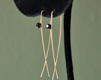 Black Crystal Hoop Earrings, Inverted Gold Hoops, Minimal Gold Wire Earrings