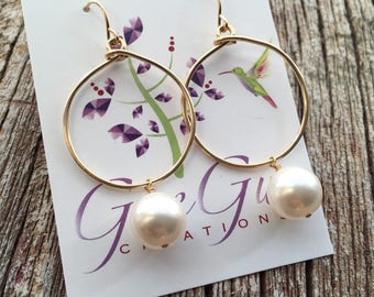 Gold Pearl Drop Earrings, Boho Chic Dangle Hoops, Gold Wire Earrings