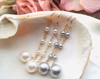 Gray Pearl Earrings, 14K Gold Filled Pearl Drop Earrings, Dainty Bridal Earrings