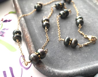 Tahitian Pearl Necklace, Gold Floating Pearl Necklace, Freshwater Black Pearl Jewelry