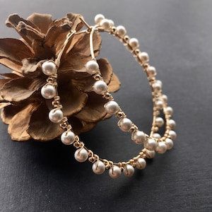 Large Pearl Hoop Earrings, Beaded Gold Filled Hoops, Bohemian Bridal Earrings