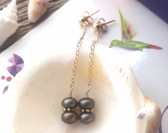 Black Tahitian Pearl Earrings, Pearl Drop Dangle Earrings, Gold Filled Chain Earrings