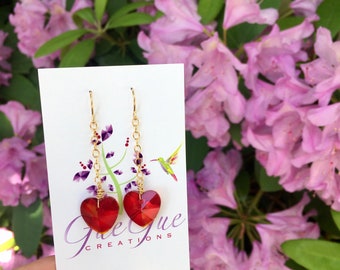 Red Heart Crystal Earrings, Gold Filled Earrings, Red Dangle Earrings, Valentines Day Gift