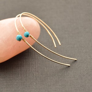 Gold Turquoise Hoop Earrings, Inverted Hoops, Blue Gemstone Earrings, Modern Turquoise Jewelry