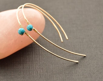 Gold Turquoise Hoop Earrings, Inverted Hoops, Blue Gemstone Earrings, Modern Turquoise Jewelry