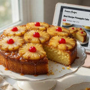 May include: A round pineapple upside-down cake topped with pineapple rings and bright red maraschino cherries, resting on a white scalloped cake stand. A tablet displays the text Sumara Recipes Best Recipe Pineapple Cake nearby.