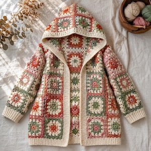 May include: A hooded cardigan constructed from crocheted granny squares in a palette of cream, sage green, dusty pink, and burnt orange. The garment features long sleeves, a hood, and a cream-colored crocheted border along the edges and cuffs.