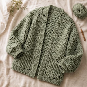 May include: A sage green open-front cardigan featuring a textured crochet stitch pattern, long sleeves with ribbed cuffs, and two front patch pockets. The garment is displayed alongside a matching ball of yarn and a wooden crochet hook.