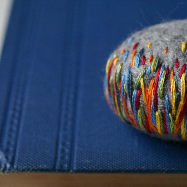 Embroidered grey wool brooch - The Meteor -  rich yellow, vibrant orange, mid blue, sap green and deep russet red