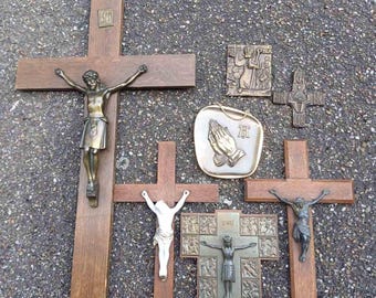 70s Wooden carved wall cross of the ascension of Jesus collection items brass