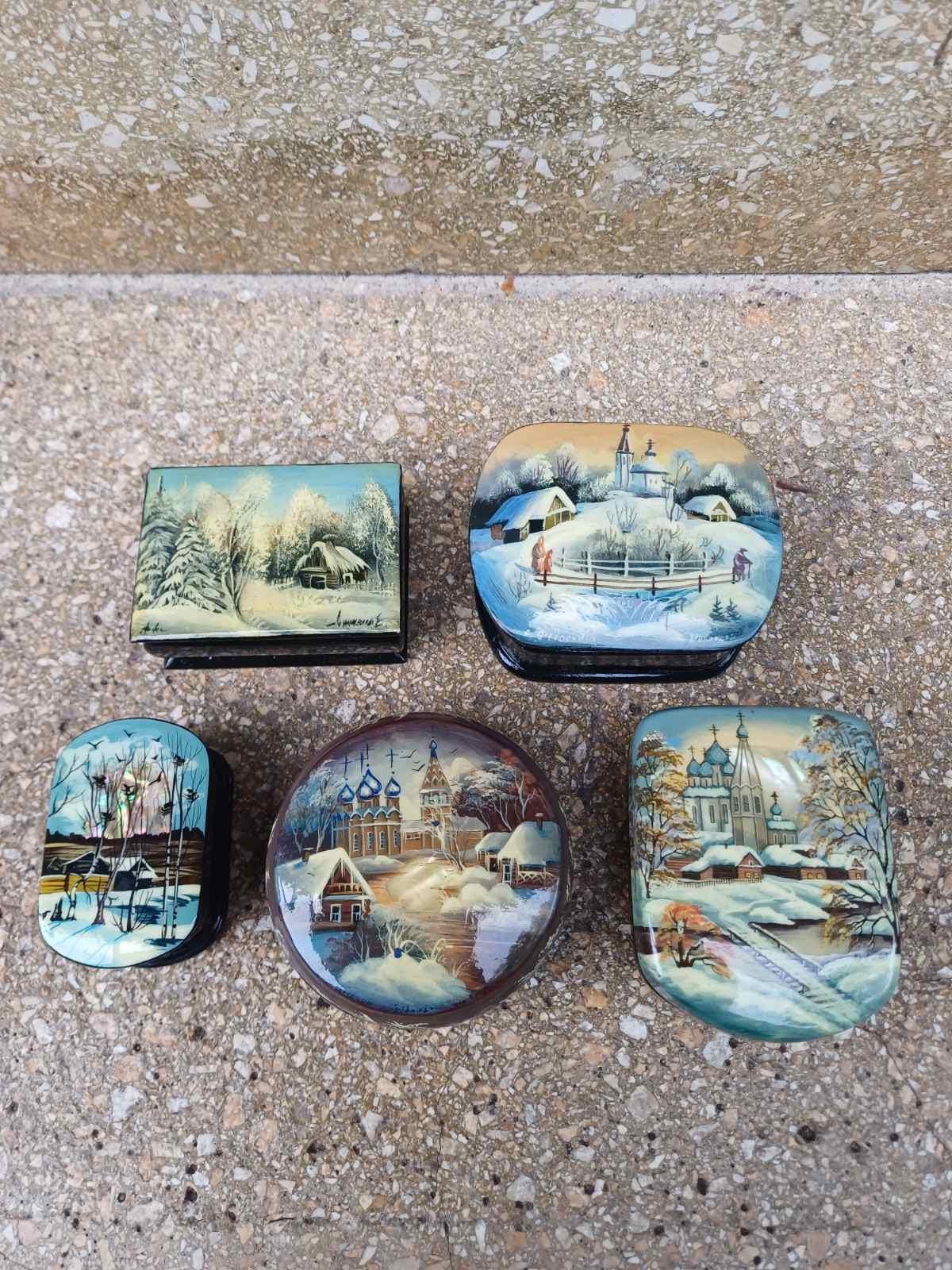 1970s RARE Lacquer Ware Box Hand Painted lot of 5 fedoskino kuzina Russian