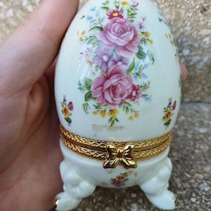 Floral Egg Hinged Trinket Box Porcelain