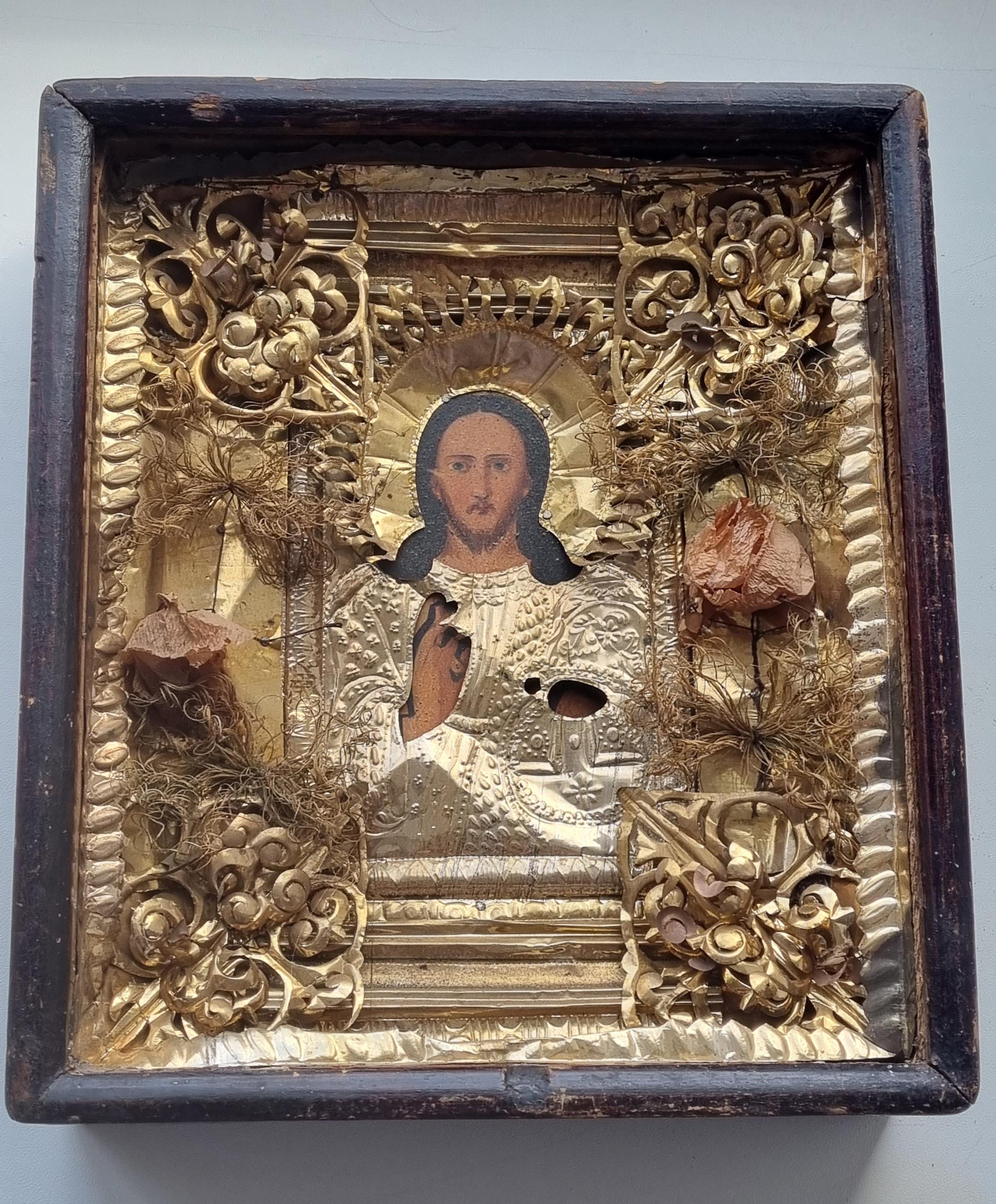 1900s Antique Orthodox Icon of Jesus Wood Frame Oil Painting on 