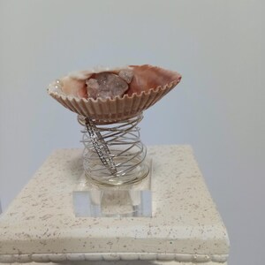 May include: A decorative seashell bowl with a spiral metal base, holding several small, light-colored stones. The seashell is a light pink and beige color. The base is supported by a clear acrylic block, and sits on a stone pedestal.