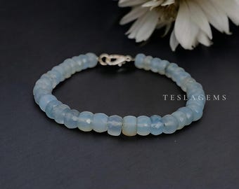 Natural Blue Calcedony Beaded Bracelet, 8mm Blue Calcedony Faceted Roundel Beads Bracelet, Calcedony Spiritual Bracelet, Birthday Gift
