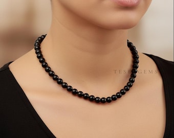 Natural Black Tourmaline Beaded Necklace, 8mm Smooth 925 Sterling Silver Clasp, Vibrate Beads Jewelry