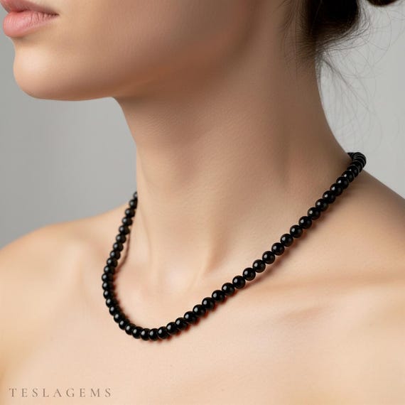 Black Onyx Beaded Necklace, 4mm Smooth Round Beads, Healing