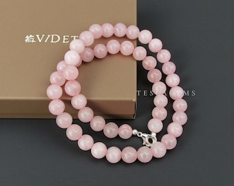 100% Natural Rose Quartz Beaded Necklace, 8mm Rose Quartz Smooth Round Beads Necklace, Crystal Healing Gemstone, Everyday Wear Necklace