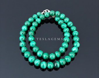 Natural Malachite Beaded Necklace, 8mm Green Malachite Smooth Round Beads Necklace, Malachite Gemstone Jewelry, Anniversary Gift