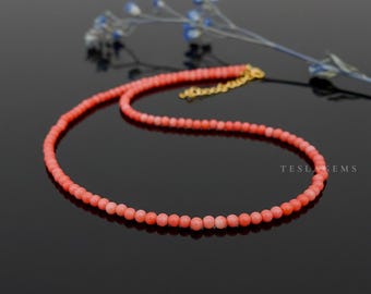 Rare!! Natural Pink Coral Beaded Necklace, 3mm Coral Smooth Round Beads For Valentine Jewelry