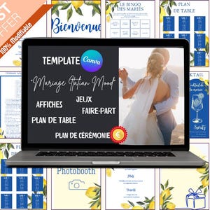 May include: A laptop displays a wedding template with the text "Mariage Italian Mood". The screen shows a couple dancing, surrounded by various wedding stationery designs. The designs include table plans, menus, and photo booth signs, all with a lemon and blue theme.