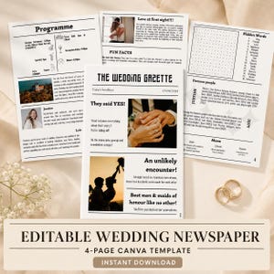 Peut inclure: Un modèle de journal de mariage modifiable de quatre pages avec du texte noir sur papier blanc. La mise en page comprend des sections pour un programme, des faits amusants, un jeu de mots cachés, un menu et des titres intitulés The Wedding Gazette.