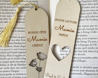 Marque page en bois personnalisé avec prénoms et pompom, fêtes des mères/grands mères, cadeau anniversaire