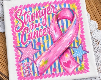 ストライプ柄の「Stronger Than Cancer」PNG、乳がん啓発リボン昇華デザイン、信仰・希望・愛・治癒ピンクリボンPNGダウンロード