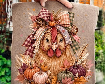 Pollo autunnale PNG, design per sublimazione con gallina autunnale, grafica fattoria con fiocco di zucca (download digitale)