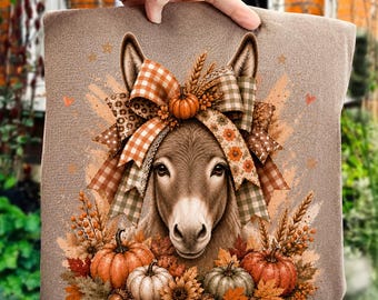 Asino autunnale PNG, Zucca autunnale con fiocco, clipart di animali da fattoria (download digitale)