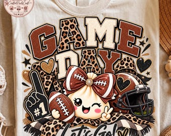 Game Day PNG, Kawaii Football PNG, Leopard Football Bow PNG, Football Mom Shirt, Game Day Sublimation