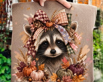 Fall Raccoon PNG, Woodland Autumn Sublimation Design, Pumpkin Bow Clipart (Digital Download)