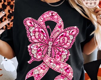 Breast Cancer Butterfly PNG, Pink Ribbon PNG, Rhinestone Butterfly, Breast Cancer Awareness, Digital Download