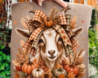Capra autunnale PNG, Zucca con fiocco ad acquerello, grafica di animali da fattoria (download digitale)