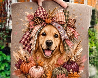 Golden Retriever autunnale PNG, cane autunnale per sublimazione, clipart di zucca e fiocco, grafica floreale (download digitale)